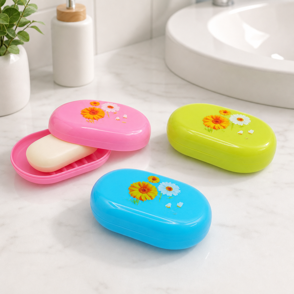 240 Pieces Soap Cases, Plastic Flower Design, 3 Pieces, Pink Green and Blue