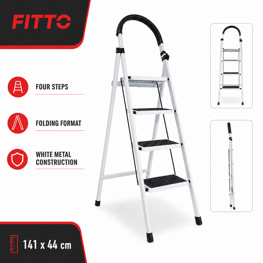 48 Pieces Folding Metal Step Ladder, 4-Step Design, White, 141 x 44 cm, 1 Piece