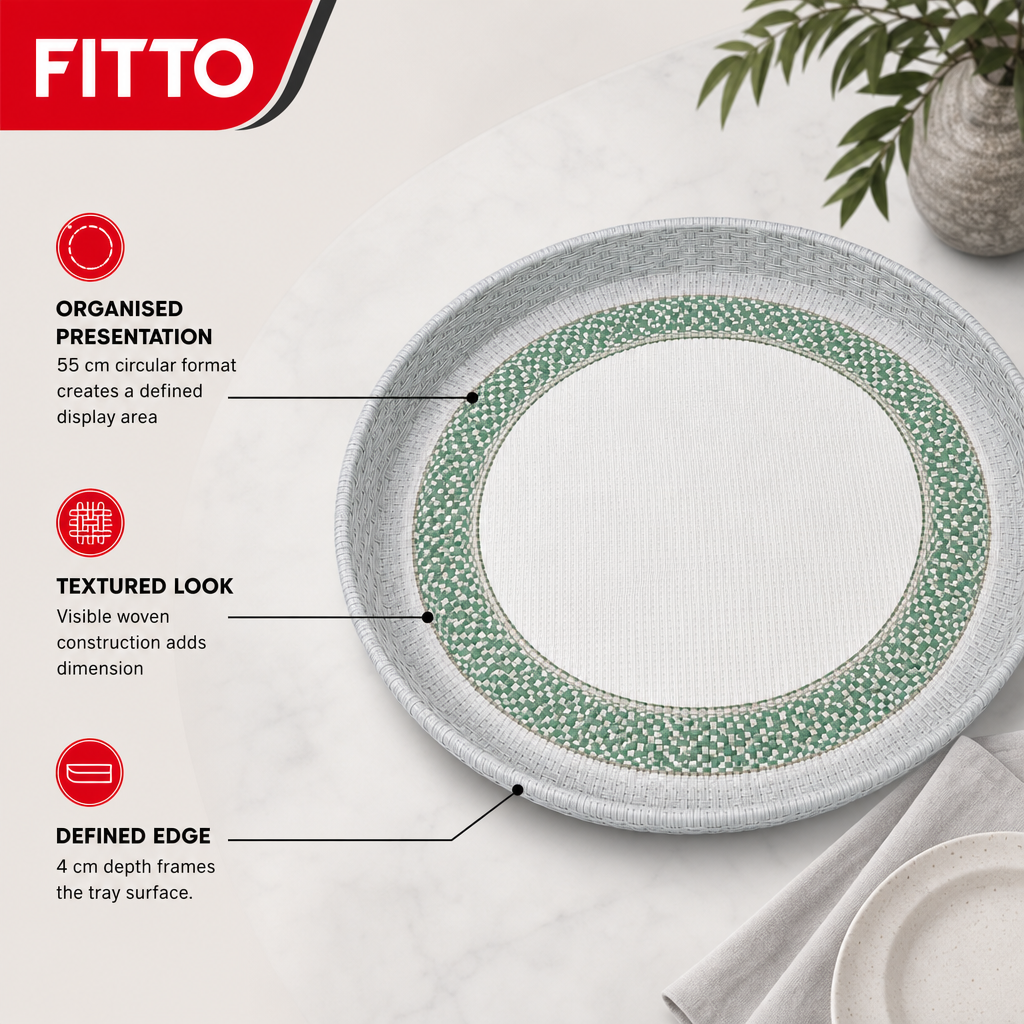 72 Pieces Round Woven Serving Trays, 55 cm, 4 cm Deep, Green and Grey Design