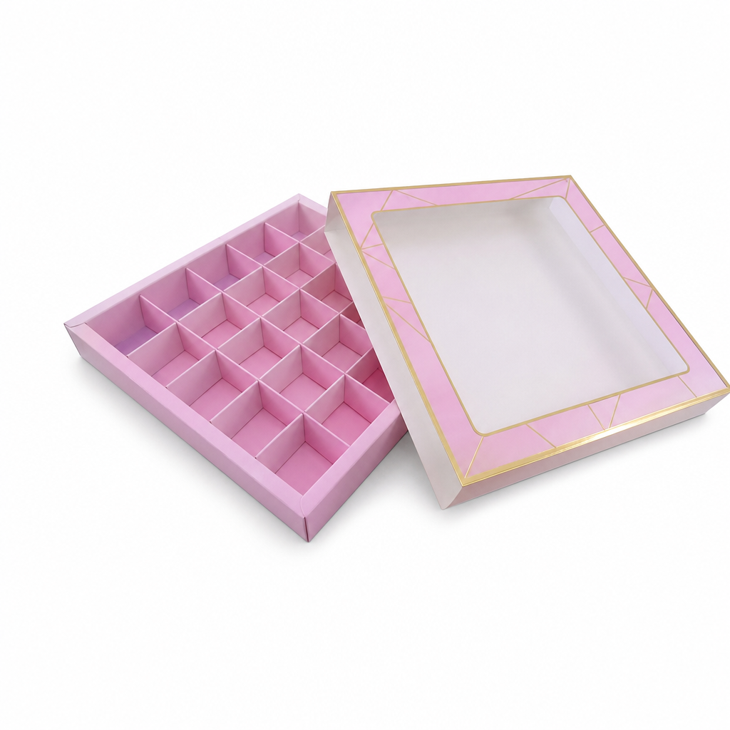120 Pieces Pink Square Chocolate Box with 25 Compartments, 23.5 x 23.5 x 4 cm, 1 Piece