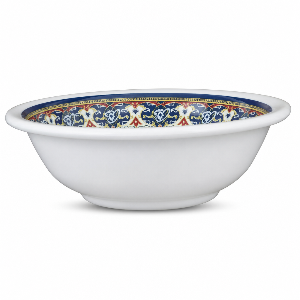 96 Pieces Melamine Salad Bowl, 9 Inch, White with Decorative Multicolor Rim, Design 2655