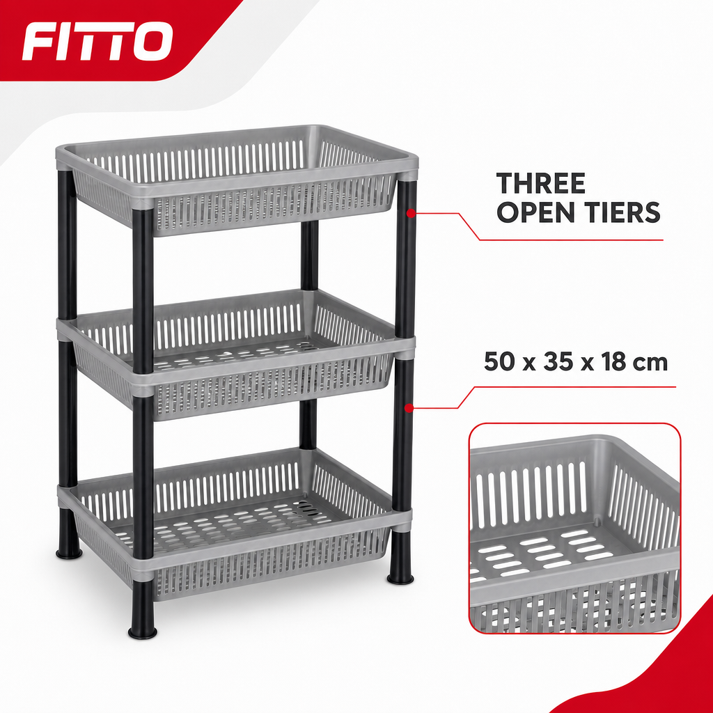 72 Pieces 3-Tier Plastic Storage Basket Rack, Grey and Black, 50 x 35 x 18 cm, 1 Unit
