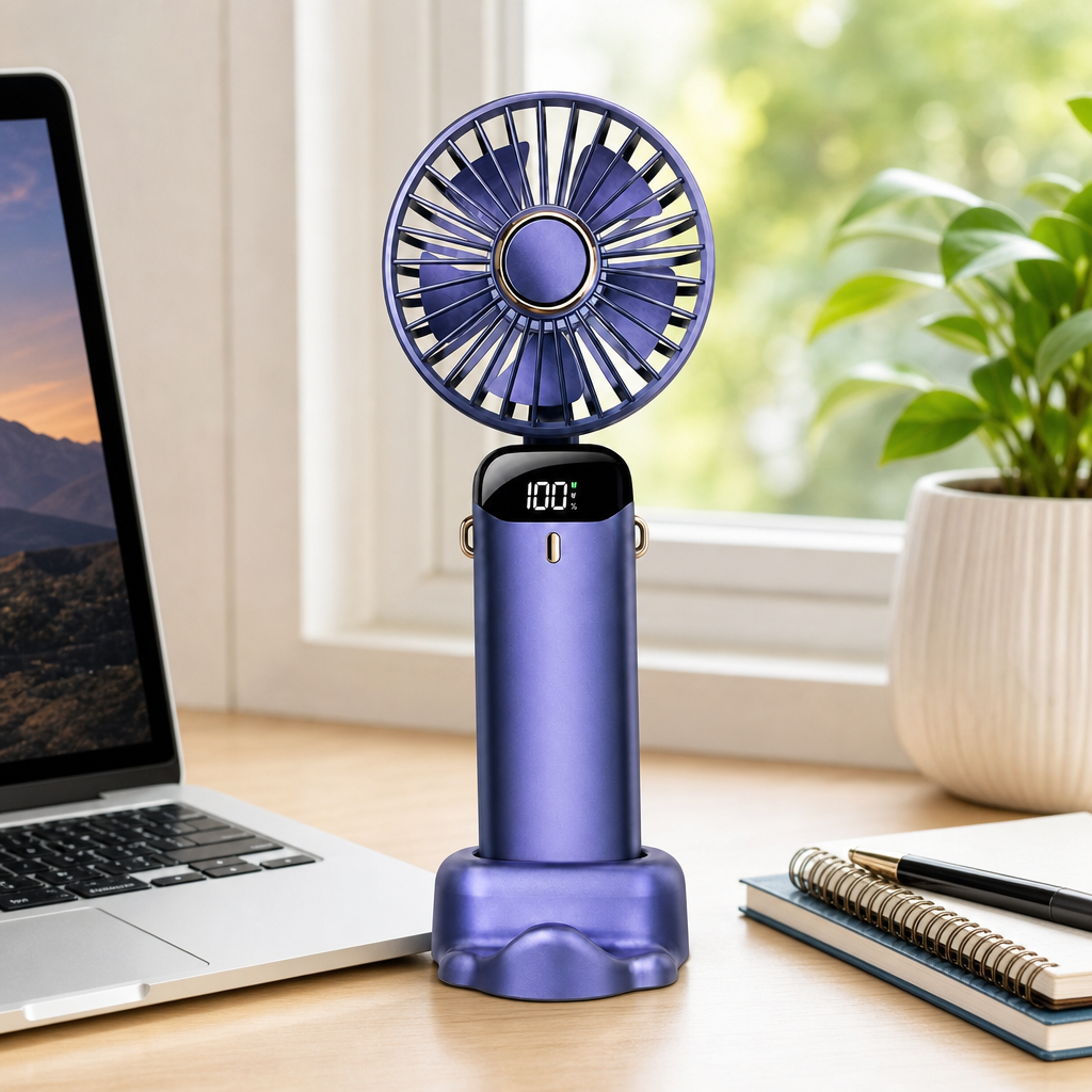 96 Pieces Purple Rechargeable Hand Fan with LED Digital Display and Desk Stand
