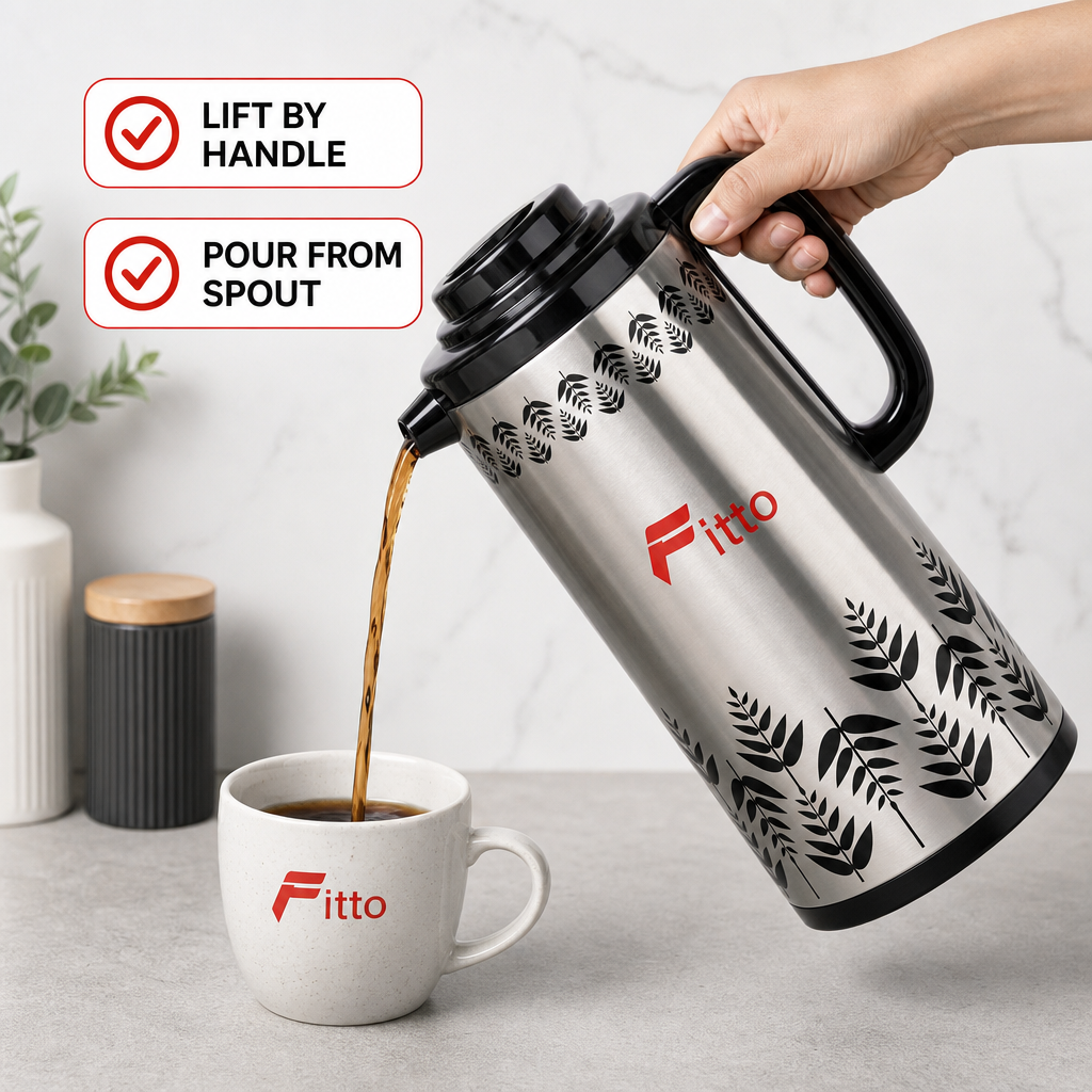 72 Pieces Vacuum Flask with Handle, Silver and Black Leaf Pattern, 1.9 Litre, 1 Piece
