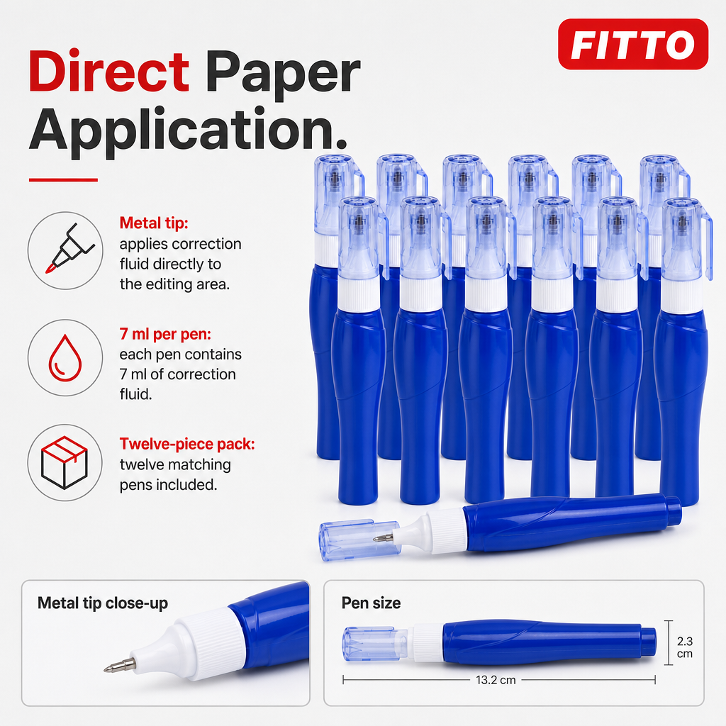 96 Pieces Correction Fluid Pens, 7 ml, Metal Tip, Blue, 12-Pack
