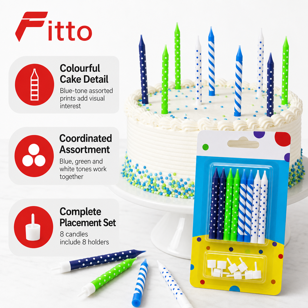 144 Pieces Blue Tone Assorted Printed Birthday Candles, 8 Candles with 8 Holders for Cake Decoration