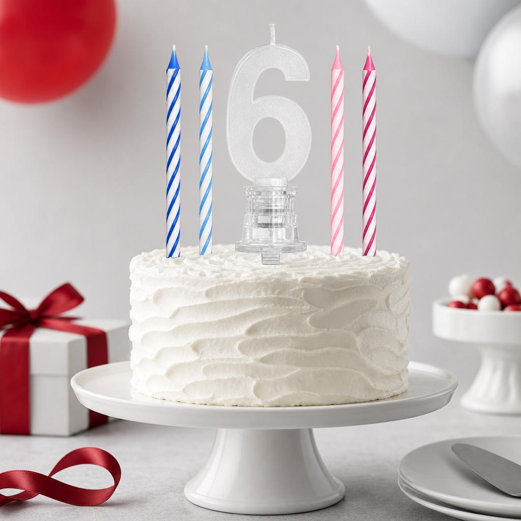 144 Pieces LED Happy Birthday Number 6 Cake Candle Set with 4 Slim Candles, 9 cm