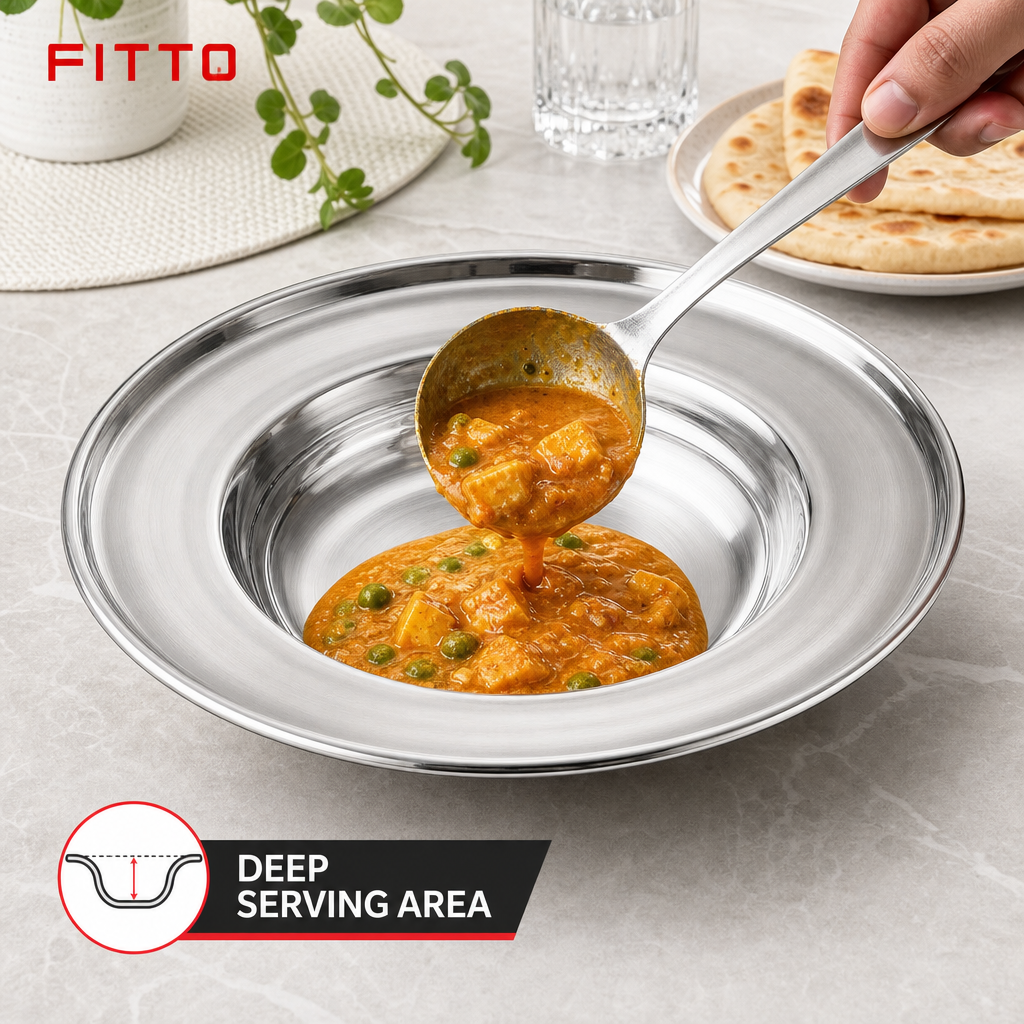 120 Pieces Stainless Steel Round Deep Plate with Wide Rim, 26 cm, 1 Piece