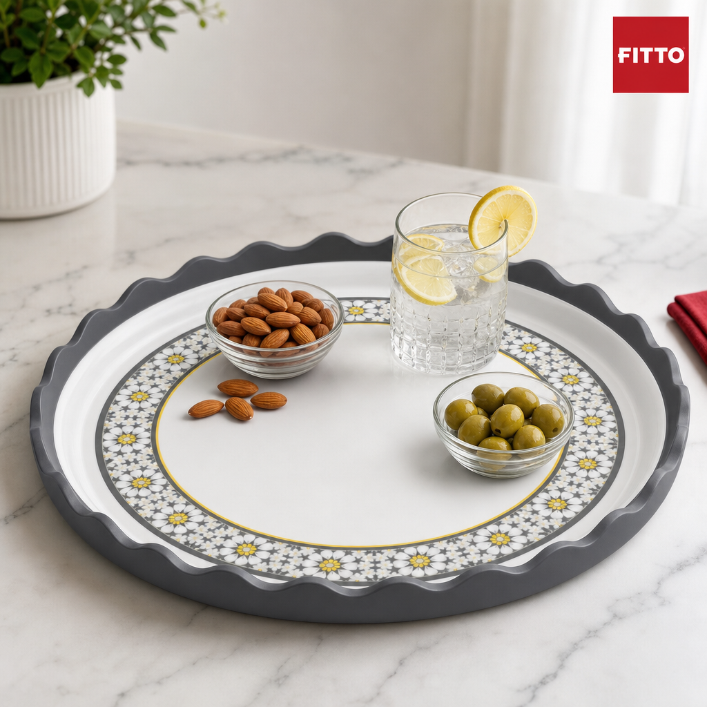 96 Pieces Melamine Round Wavy Serving Trays, 30 cm, White and Grey with Yellow Accents