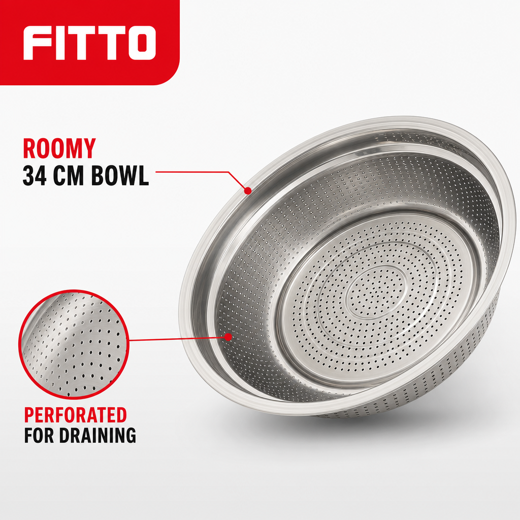 96 Pieces Stainless Steel Colander Bowl, 34 cm, Silver, 1 Piece