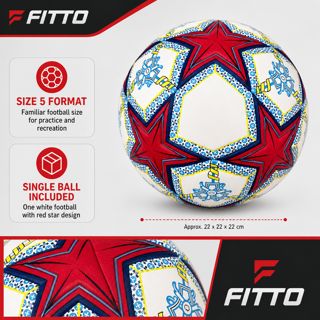 60 Pieces Size 5 Football, White with Red Star Design, Single Ball for Match Practice and Recreation