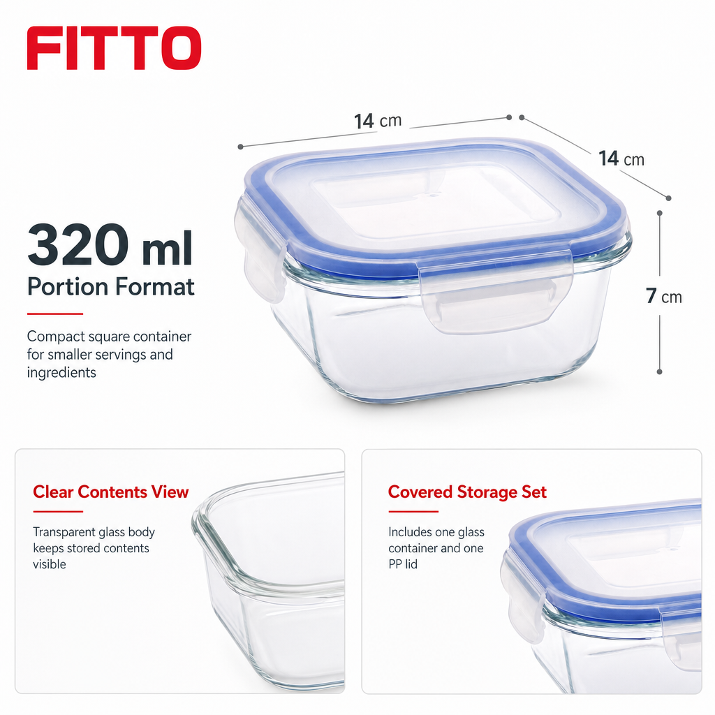 96 Pieces Square Glass Food Container with PP Lid, 320 ml