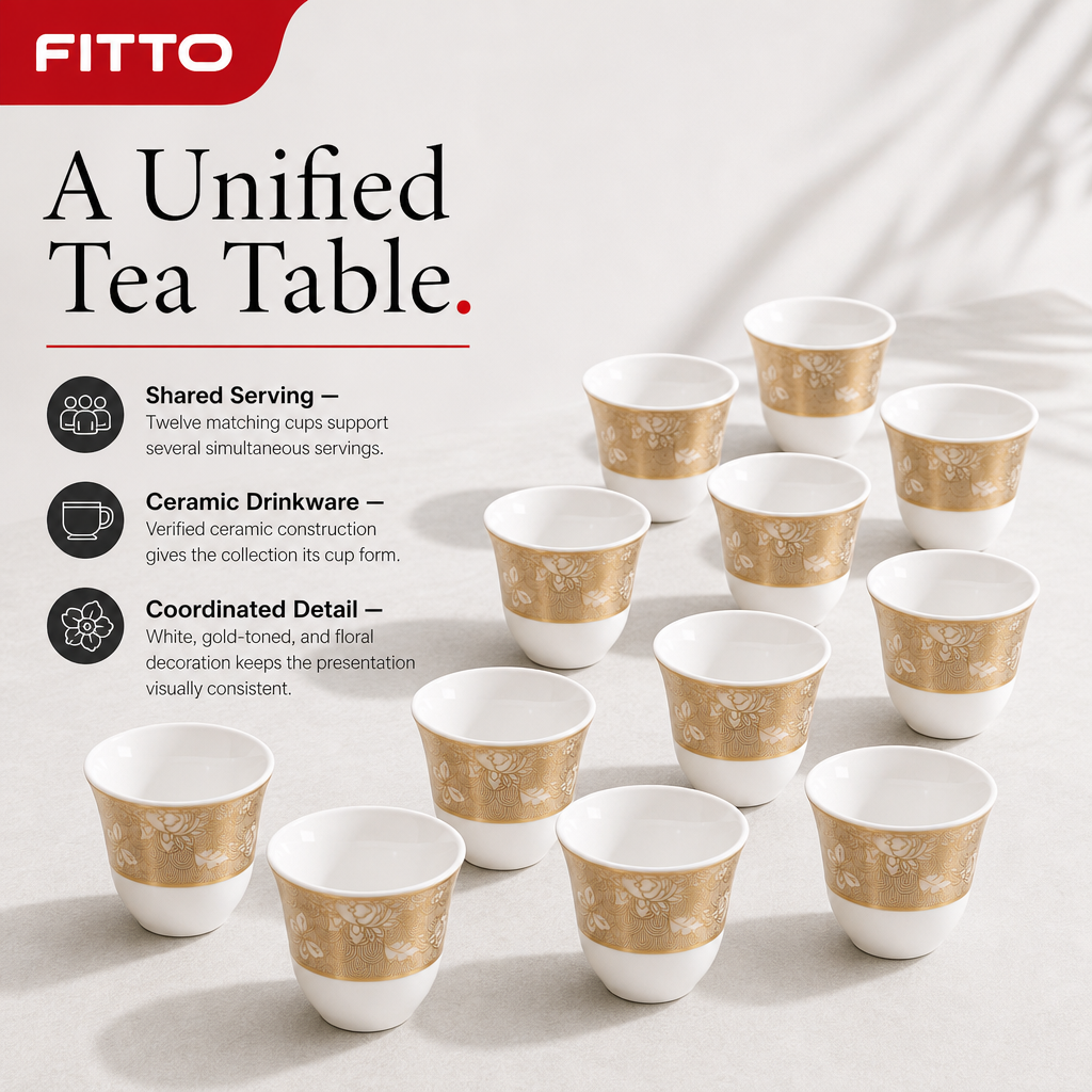 96 Pieces Ceramic Tea Cup Set, White and Gold Floral Design, 12 Pieces
