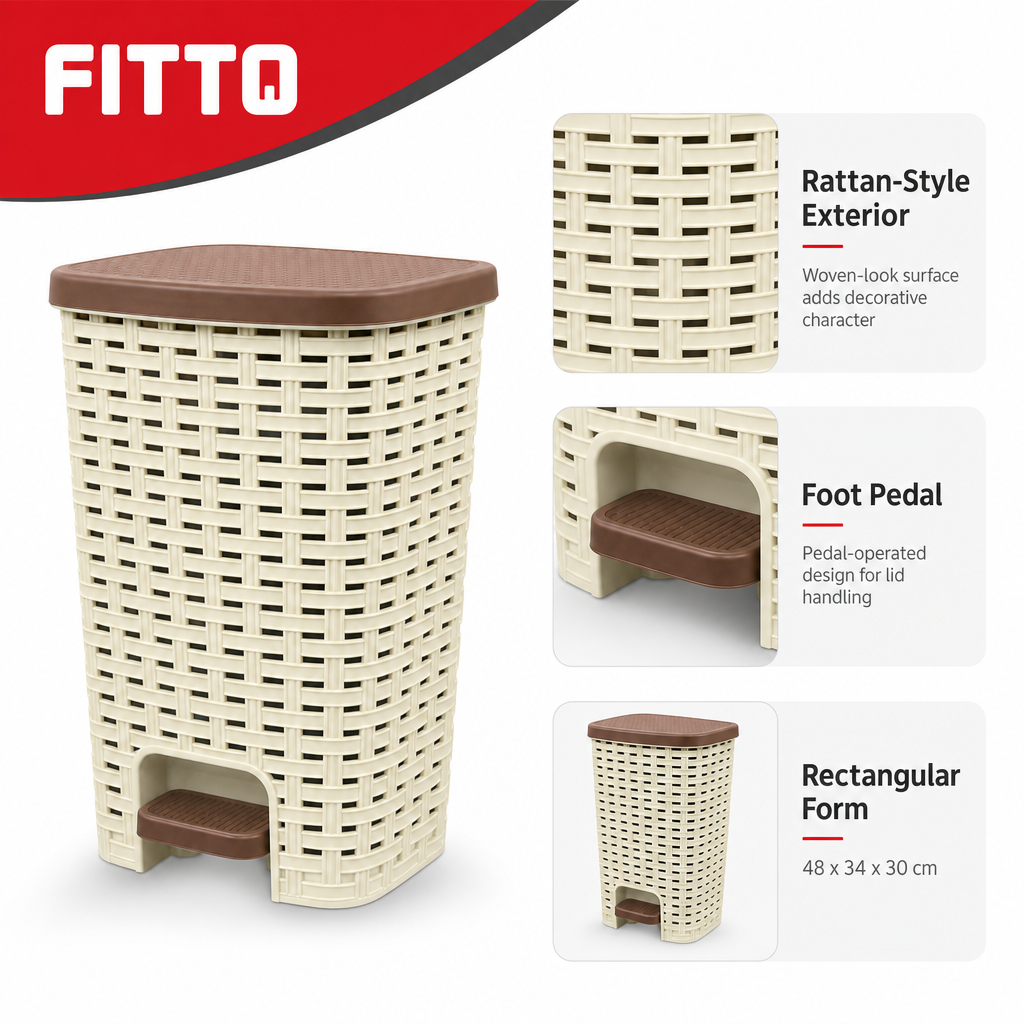 60 Pieces Waste Bins, Cream Plastic Rattan-Style Rectangular Pedal Bin with Brown Lid, 48 x 34 x 30 cm