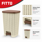 60 Pieces Waste Bins, Cream Plastic Rattan-Style Rectangular Pedal Bin with Brown Lid, 48 x 34 x 30 cm