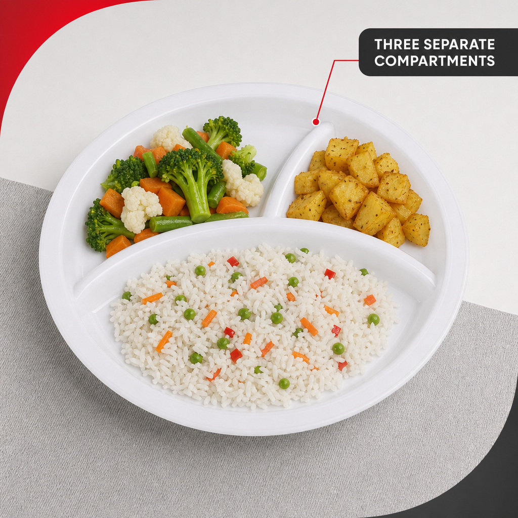 96 Pieces White Round Divided Serving Plate with 3 Compartments, 28 cm, 1 Piece