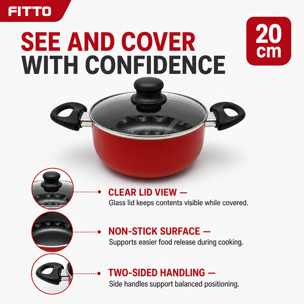 48 Pieces 20 cm Red Aluminum Non-Stick Saucepot with Glass Lid and Side Handles