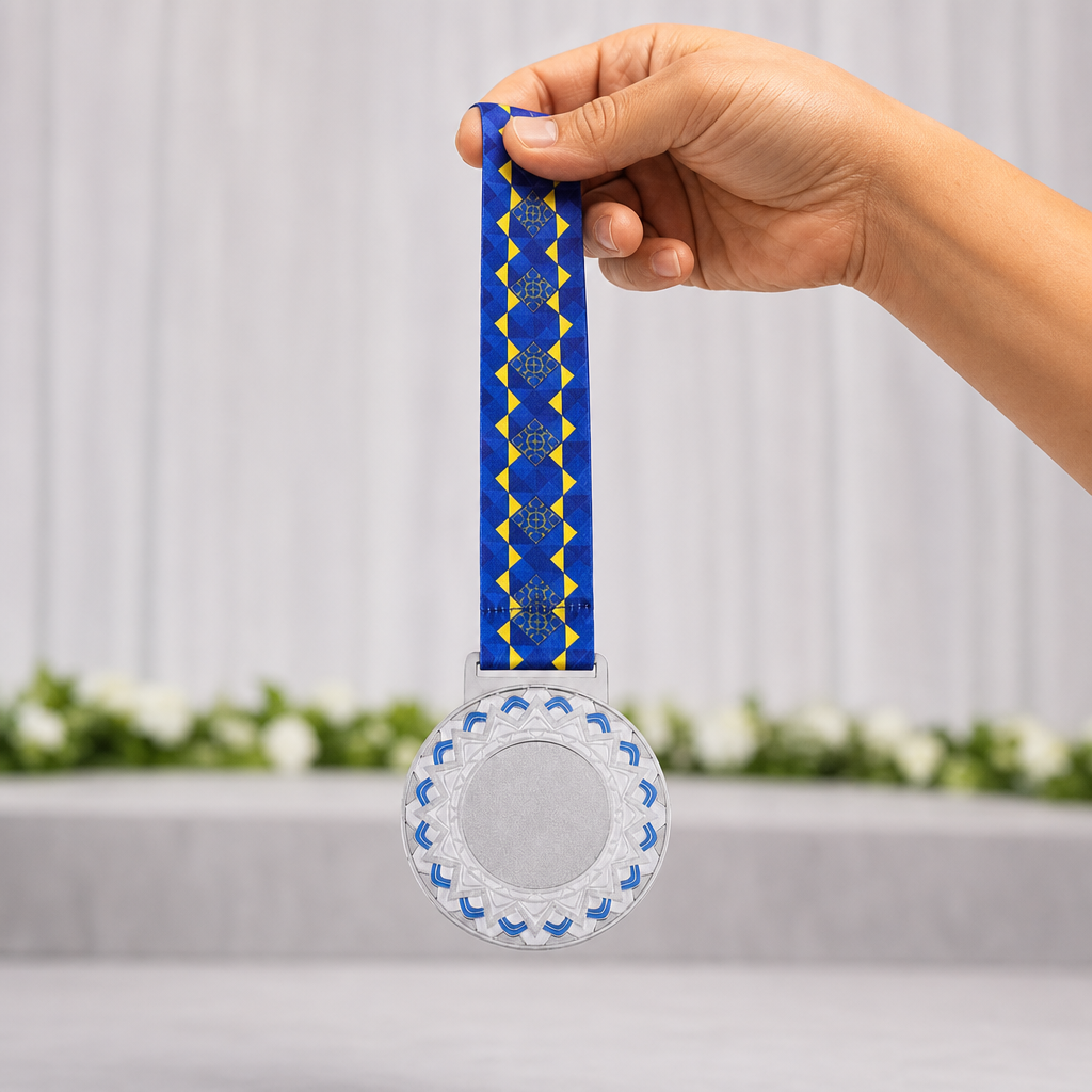 120 Pieces Decorative Sports Medal with Blue Ribbon, Silver, 1 Piece, 10 x 8 cm