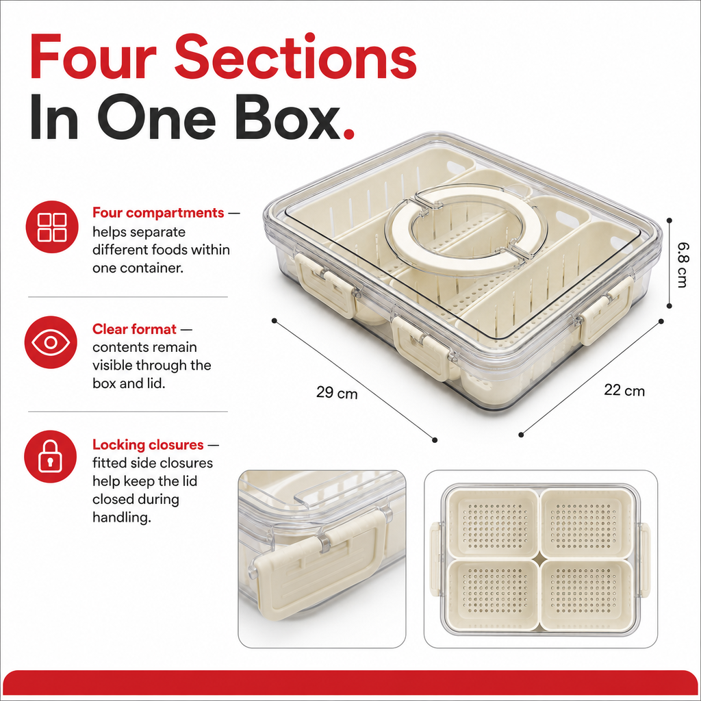 96 Pieces Clear 4-Compartment Food Storage Box with Locking Lid, 29 × 22 × 6.8 cm