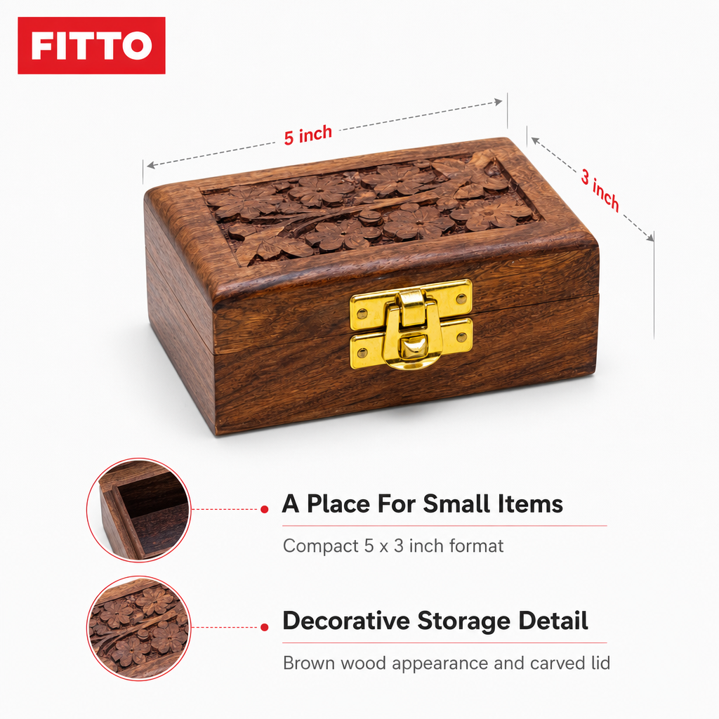 120 Pieces Wooden Rectangular Storage Box, 5 x 3 Inch, Brown Carved Keepsake Organizer with Front Clasp
