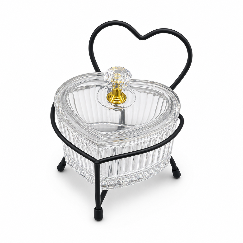 72 Pieces Clear Heart-Shaped Glass Candy and Snack Bowl with Lid and Black Metal Stand