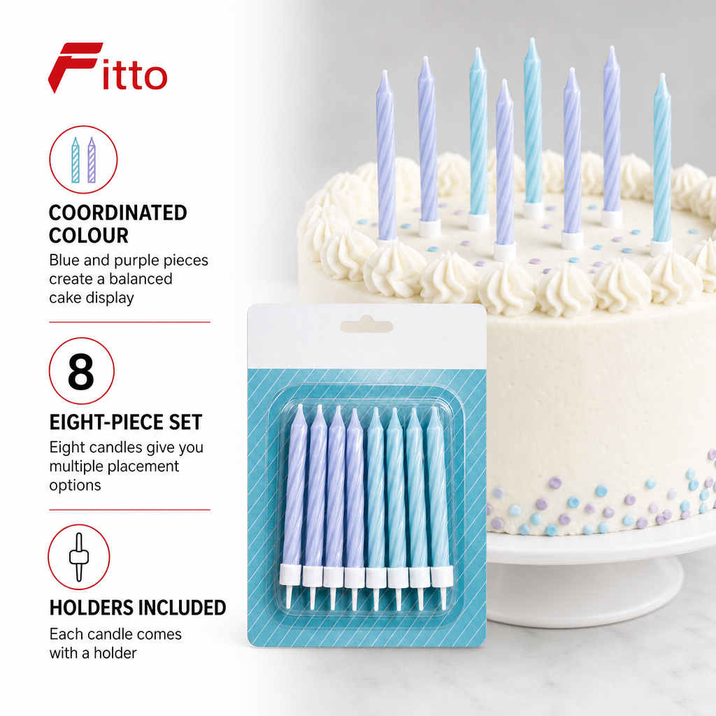 240 Pieces Blue and Purple Birthday Candles with Holders, 8-Piece Party Cake Candle Set