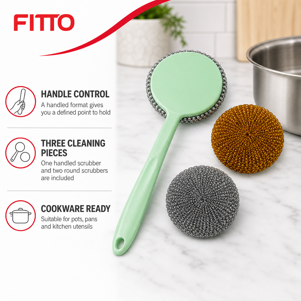 120 Pieces Kitchen Pot Scrubber Set with Handle, Green Gold and Silver Scouring Pads, 3-Piece Set