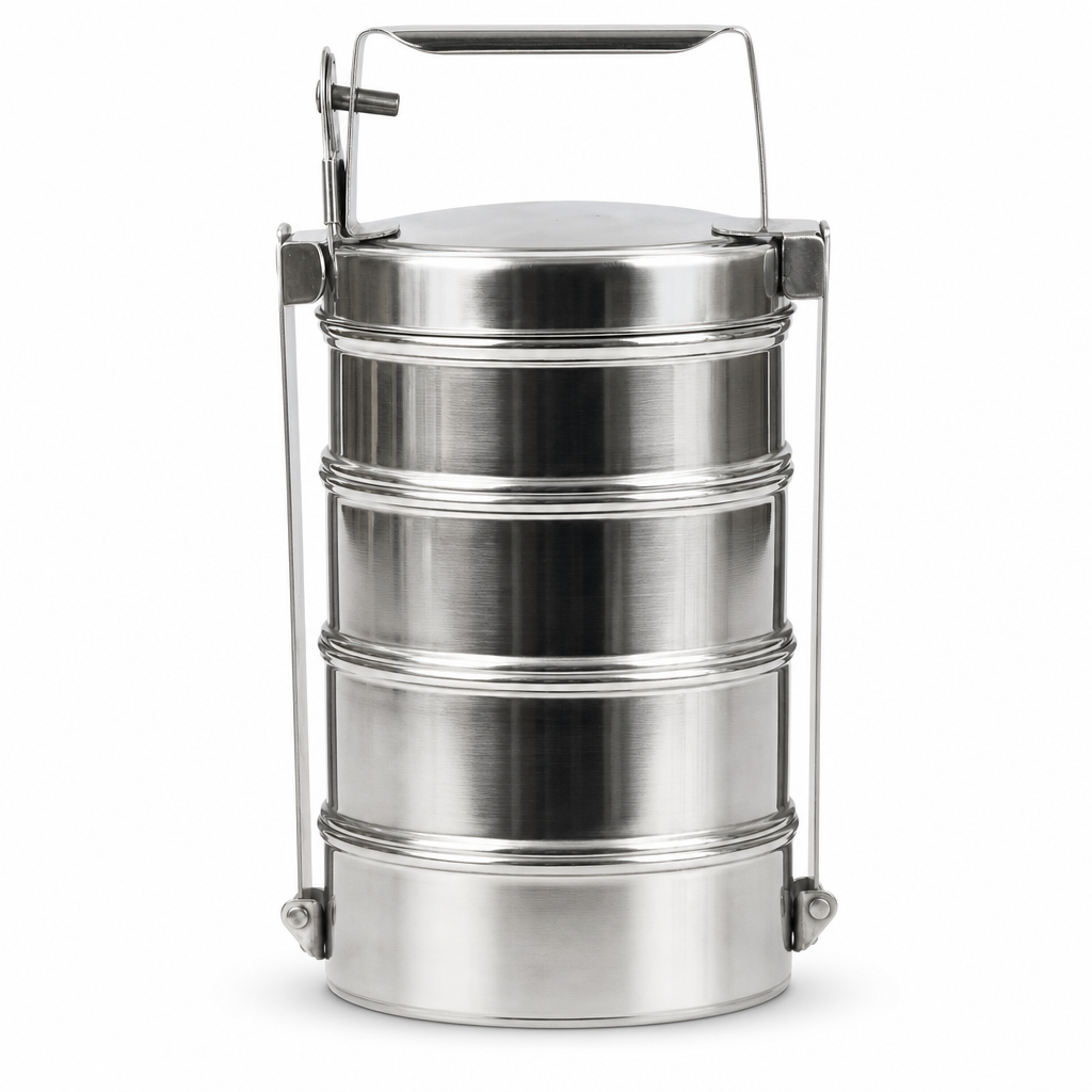 96 Pieces Four-Tier Stainless Steel Tiffin Lunch Box with Carry Handle, Silver Food Storage Containers