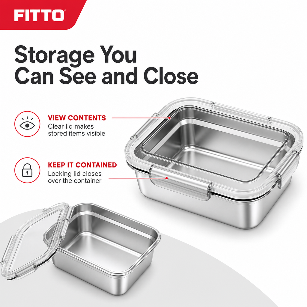 96 Pieces Food Storage Containers, Silver Rectangular Stainless Steel Box with Clear Locking Lid, 24 x 18 x 8 cm