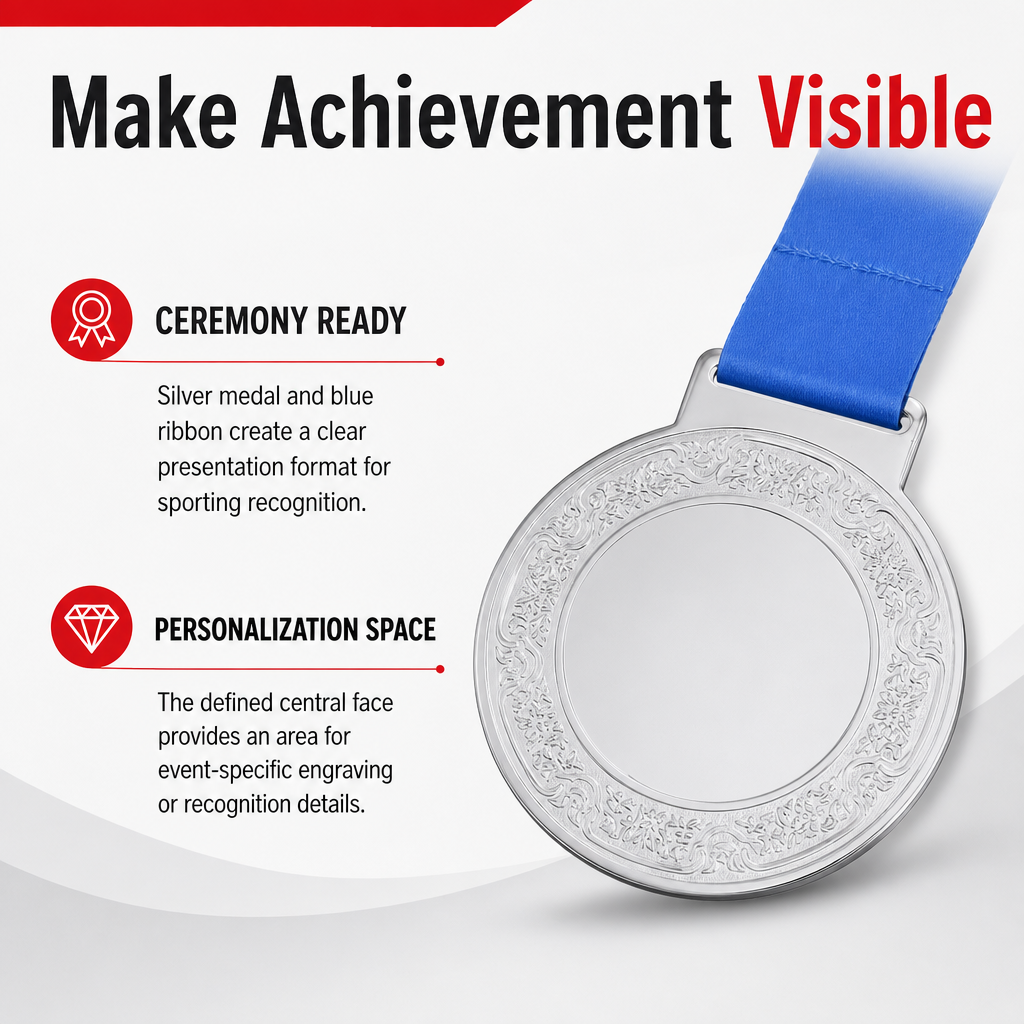 144 Pieces Engraved Sports Medal with Blue Ribbon, Silver, 10 cm