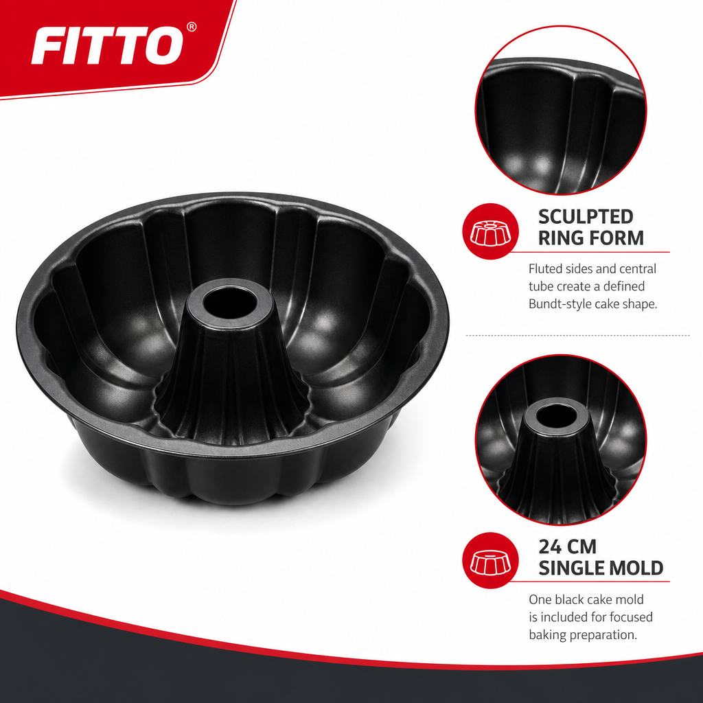 96 Pieces Fluted Carbon Steel Non-Stick Bundt Cake Mold, 24 cm, Black, 1 Piece