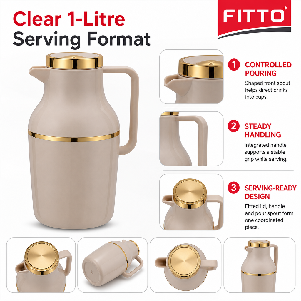 72 Pieces Vacuum Flask 1 Litre, Beige or Ivory with Gold-Tone Trim, Handle and Pour Spout, 1 Piece