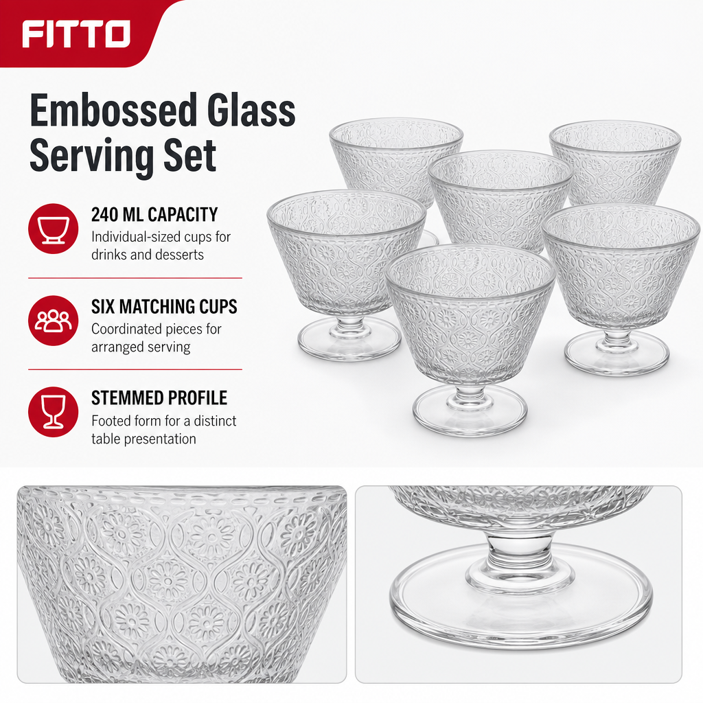 72 Pieces Glass Cup Set, 240 ml Stemmed Embossed Cups, Clear, 6 Pieces