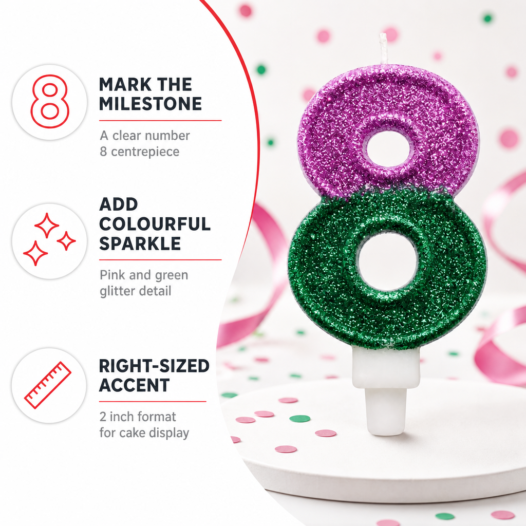 240 Pieces Pink and Green Number 8 Cake Candle, Glitter Finish, 2 Inch