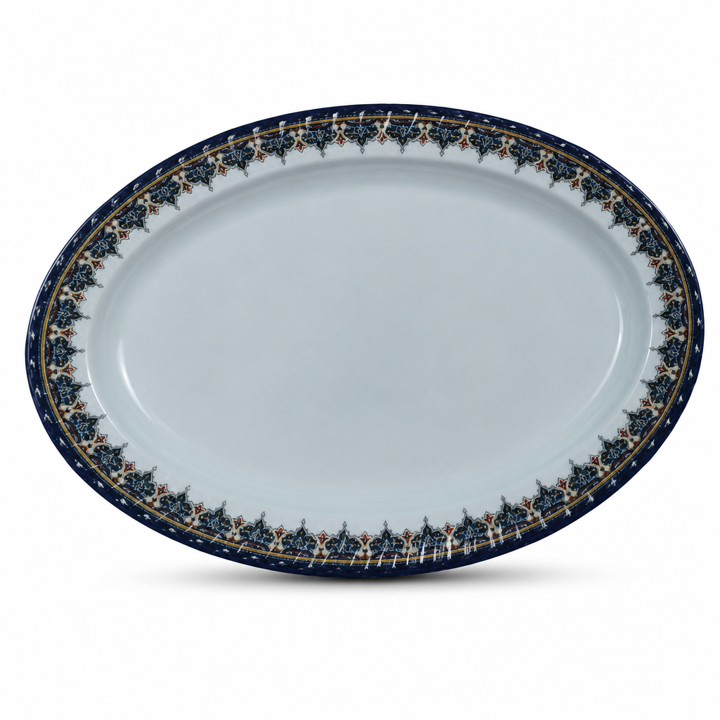 96 Pieces Melamine Oval Serving Plate, 17 Inch, Light Blue With Patterned Rim, Single Piece