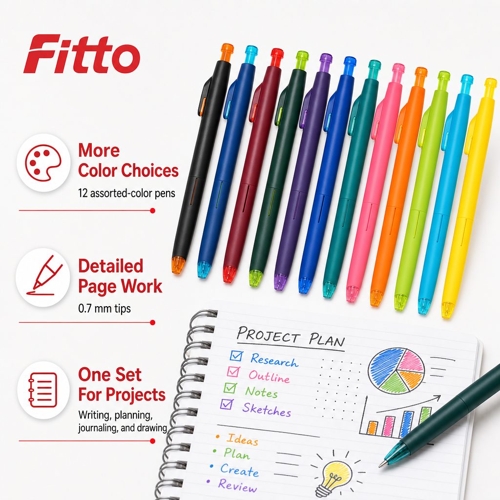 72 Pieces Color Gel Pens, 0.7 mm, 12 Pieces, Multicolor Writing Set