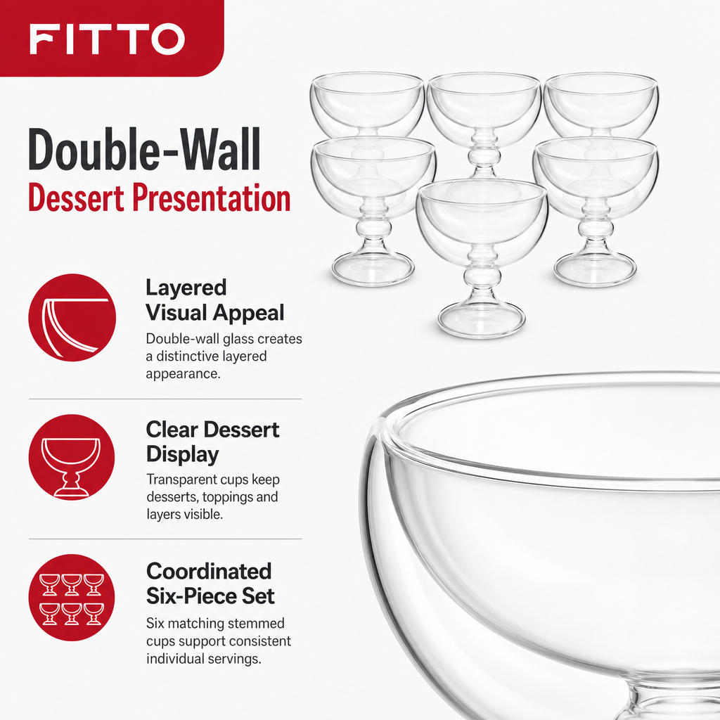 60 Pieces Double-Wall Glass Dessert Cup Set, Clear Stemmed Dessert Bowls, 6 Pieces