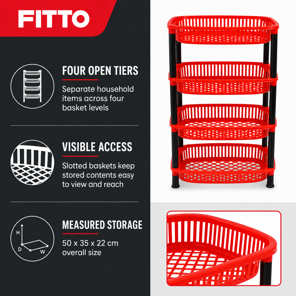 72 Pieces 4-Tier Plastic Storage Basket Rack, Red and Black, 1 Unit