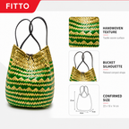 72 Pieces Handwoven Bucket Handbags, Green and Cream Striped Natural-Fiber Design, 22 x 18 x 14 cm