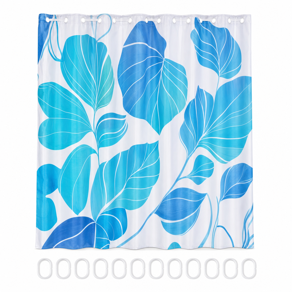 96 Pieces Blue Leaf Print PEVA Shower Curtains with 12 Hooks, 180 × 180 cm