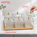 60 Pieces Glass Food Storage Jar Set with Lids, Gold-Tone Knobs and Wooden Stand, Clear Square Design