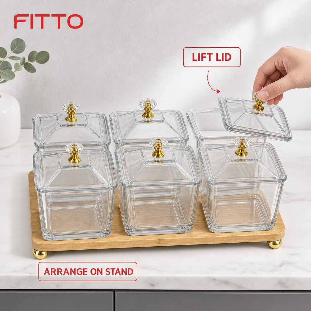 60 Pieces Glass Food Storage Jar Set with Lids, Gold-Tone Knobs and Wooden Stand, Clear Square Design