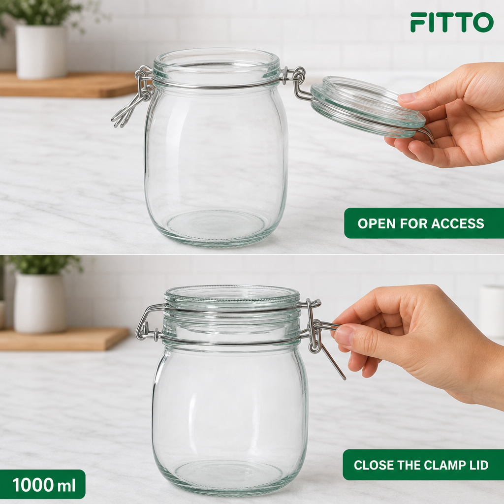 120 Pieces Glass Storage Jar with Clamp Lid, 1000 ml, Clear, 1 Piece