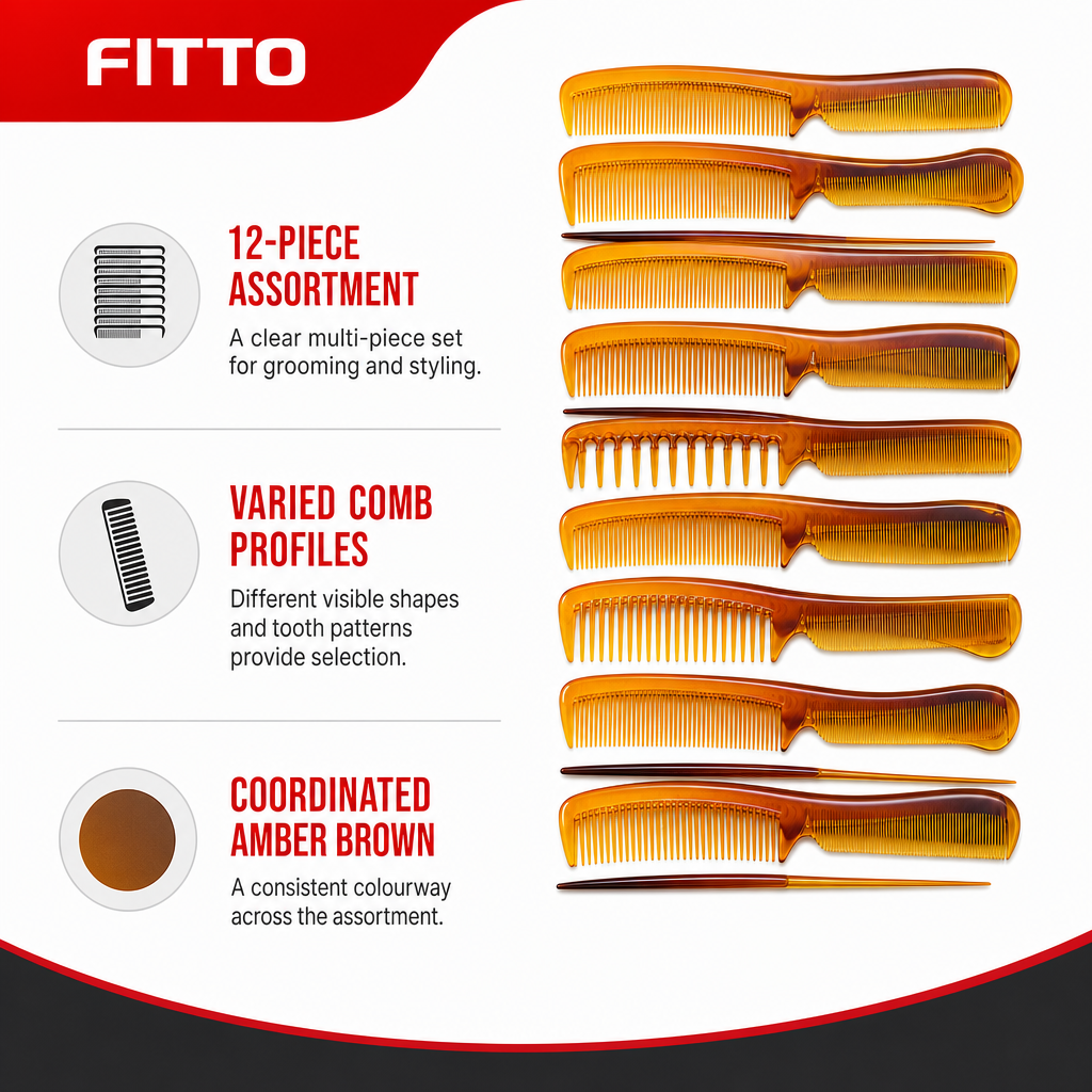 96 Pieces Hair Combs Set, Amber Brown, 12-Piece Assorted Grooming and Styling Combs