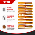 96 Pieces Hair Combs Set, Amber Brown, 12-Piece Assorted Grooming and Styling Combs