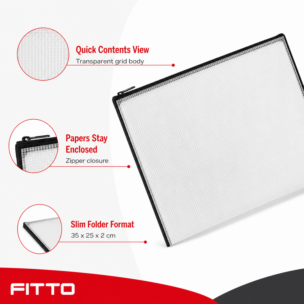 144 Pieces Transparent Grid Zipper Document Folder with Black Trim, 35 x 25 x 2 cm, 1 Piece