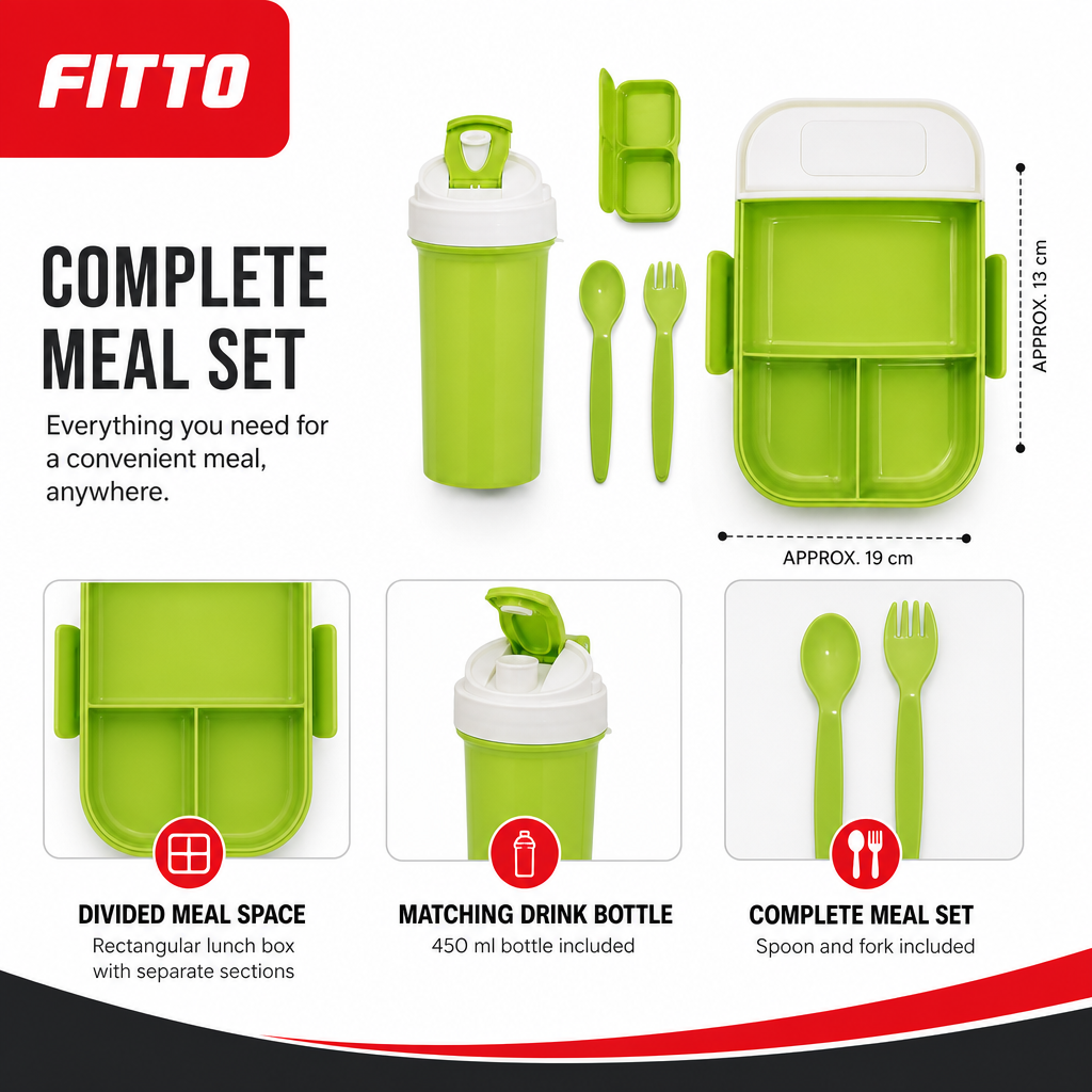 96 Pieces Assorted Colour Rectangular Plastic Lunch Box Set with 450 ml Bottle and Cutlery, 1 Set