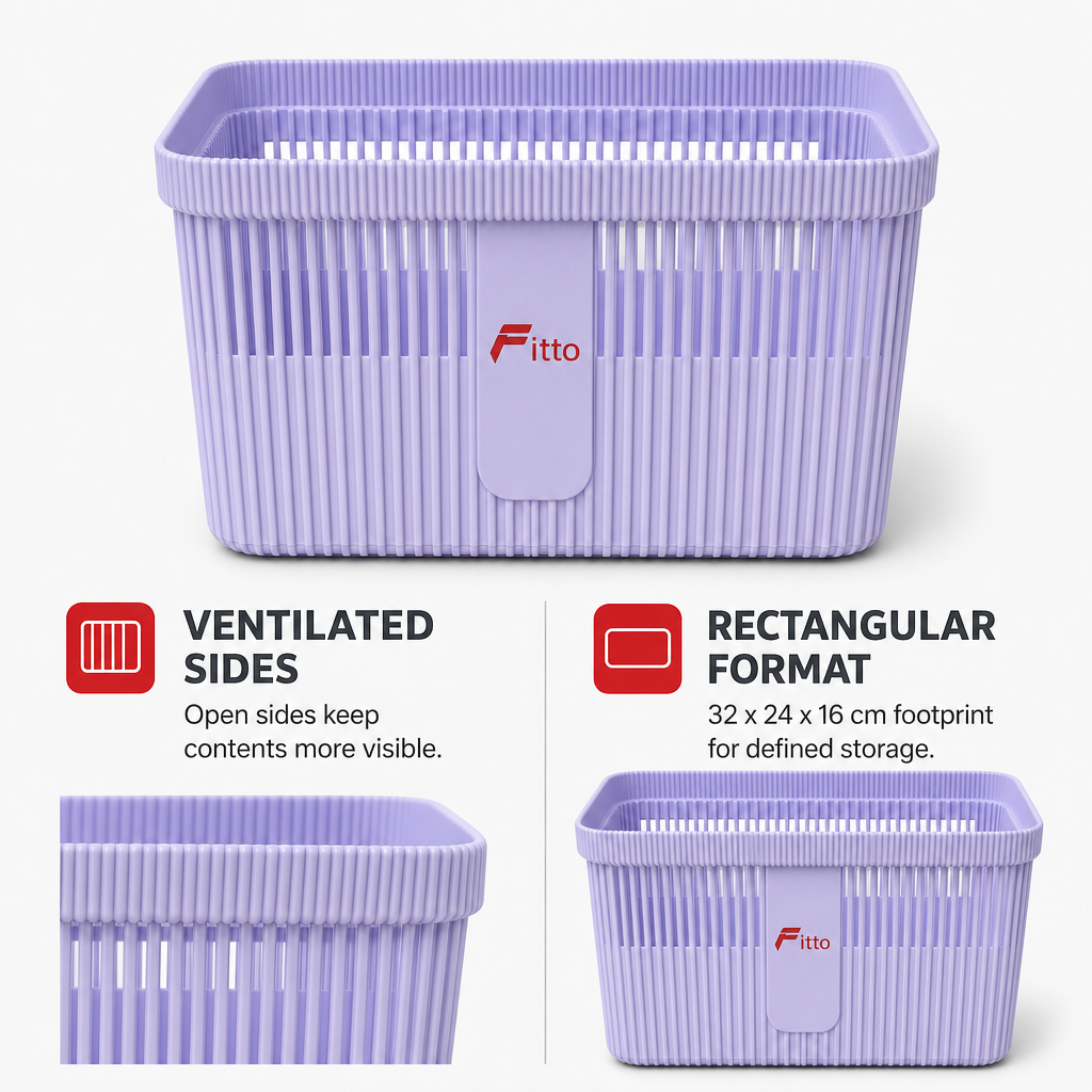 120 Pieces Rectangular Plastic Storage Basket with Ventilated Sides, 32 x 24 x 16 cm, Lavender