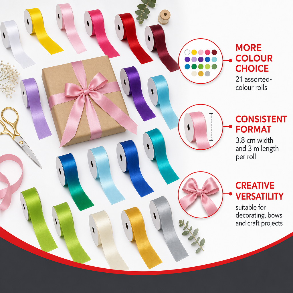 48 Pieces Assorted Colour Satin Ribbon Rolls, 3.8 cm x 3 m, 21 Rolls for Crafting and Decoration