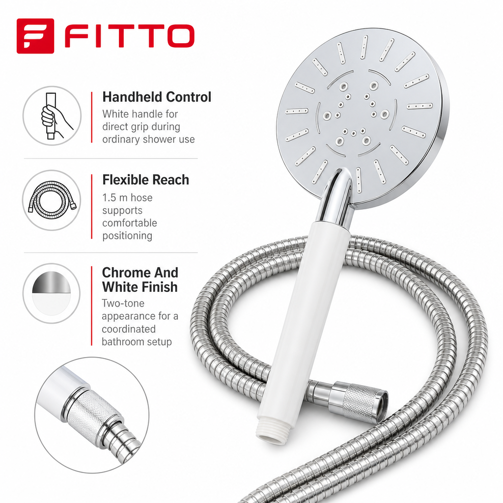 96 Pieces Chrome Hand Shower Head with White Handle and 1.5 m Flexible Hose